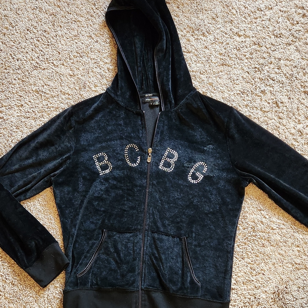 BCBG Women's Black Hoodie, Velvet, Velour, Coat, Jacket